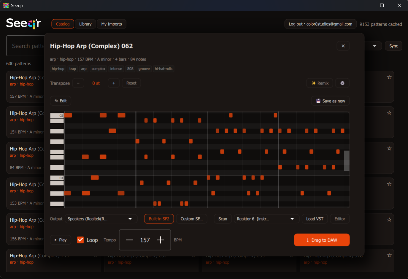 Piano-roll editor — 88-key view with drag-to-DAW export